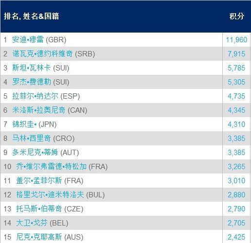 ATP最新排名揭示全球顶尖选手实时动态